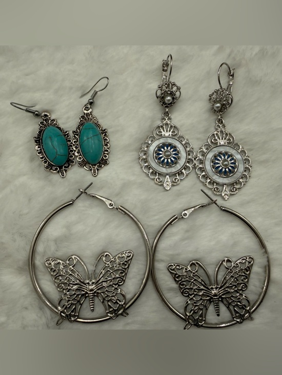 Jewelry - Silver tone pierced earring lot-Butterfly Hoops, Turquoise Oval & Filigree Drop
